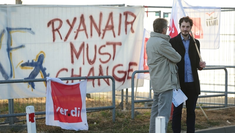 Members of the Verdi union stage a picket at Schoenefeld Airport near Berlin