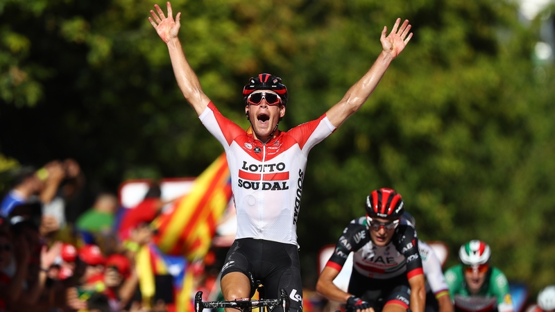 Jelle Wallays crosses the line in first