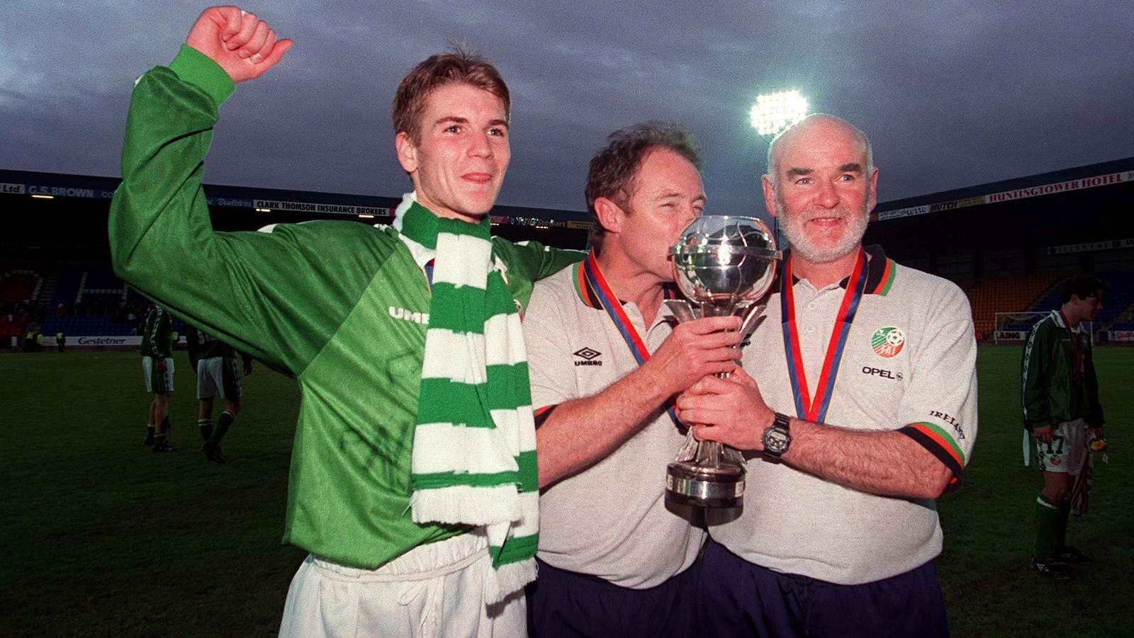 Shaun Byrne, Brian Kerr and Noel O'Reilly celebrate victory over Italy