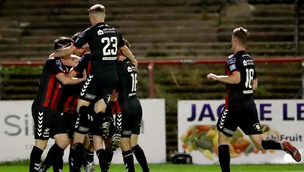 Bohs players celebrate Derek Pender's goal as they make it six wins on the bounce in the league
