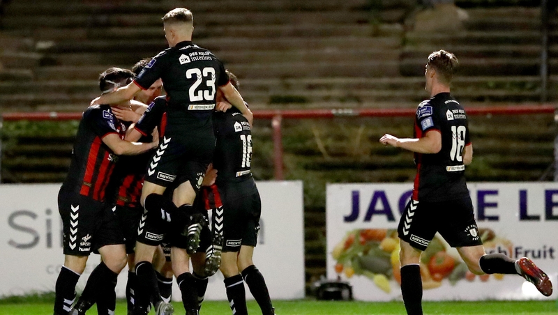 Bohs players celebrate Derek Pender's goal as they make it six wins on the bounce in the league