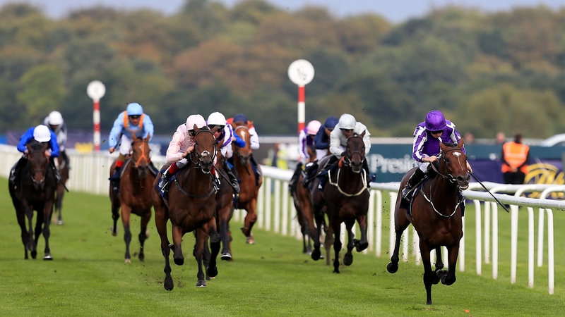 Jockey Ryan Moore rode Kew Gardens to victory in the St. Leger at Doncaster