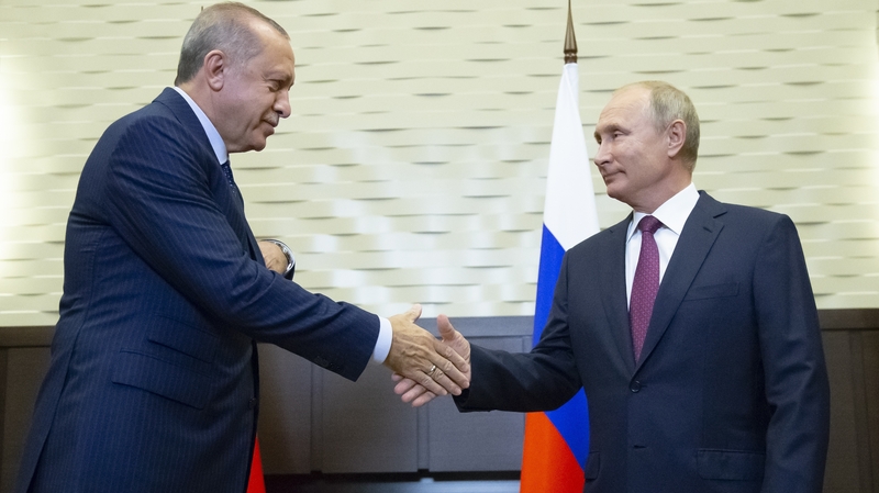 Russia's Vladimir Putin and Turkey's Recep Tayyip Erdogan shake hands during their meeting