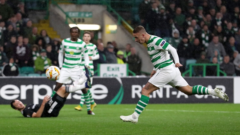 Leigh Griffiths heads home the winner for Celtic
