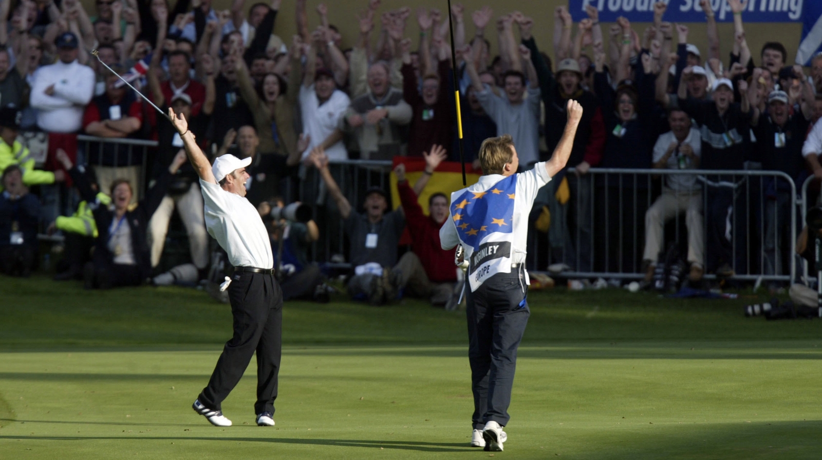 Paul McGinley after nailing a putt on 18 to seal the 2002 Ryder Cup for Europe