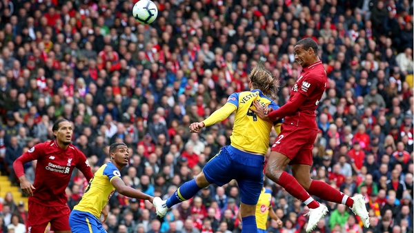 Joel Matip scores Liverpool's second goal against Southampton