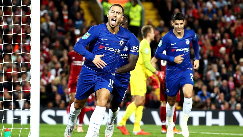 Eden Hazard celebrates his match-winning goal at Anfield