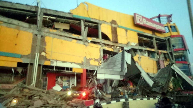 A handout photo of a collapsed shopping centre in Donggala