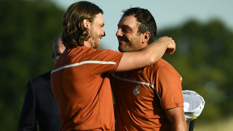 Francesco Molinari (R) and Europe's English golfer Tommy Fleetwood led the European charge