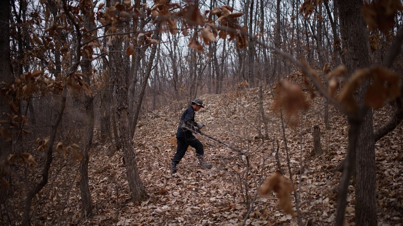 A researcher hunts for landmines in woodland near the DMZ in 2015
