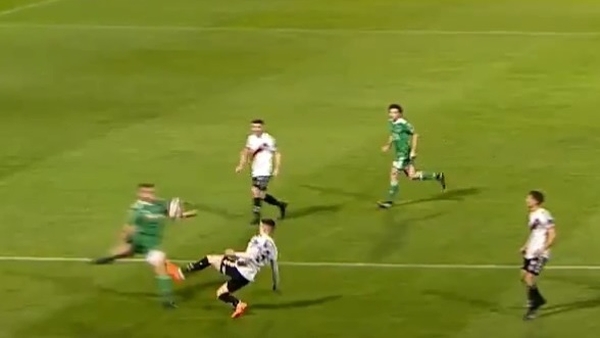 Darragh Leahy concedes a penalty during the FAI Cup semi-final