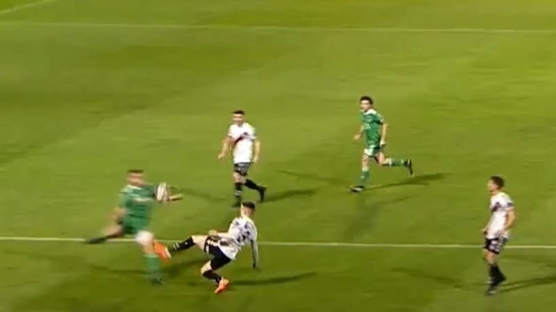 Darragh Leahy concedes a penalty during the FAI Cup semi-final
