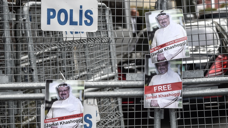 Pictures of missing journalist Jamal Khashoggi are seen during a rally in front of the Saudi consulate in Istanbul