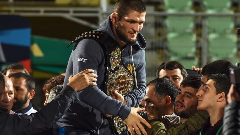 Khabib Nurmagomedov with fans at a homecoming event in Dagestan