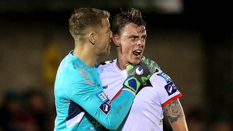 Ian Morris celebrates his strike against Cork City with Bohs 'keeper Shane Supple