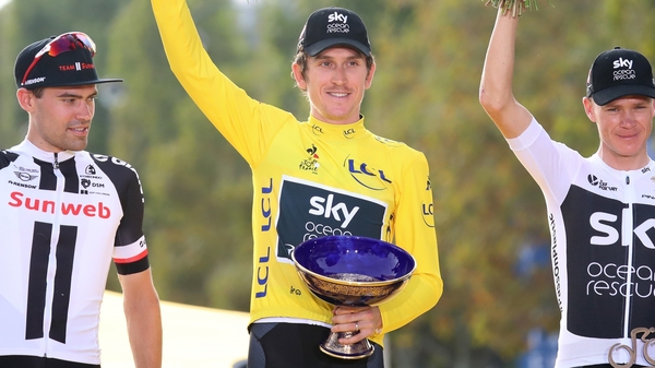 Geraint Thomas celebrates his 2018 victory