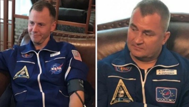 Nick Hague (L) and Alexei Ovchinin were rescued safely (Pic: @roscosmos)