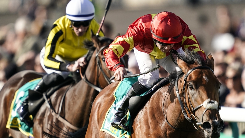 Wayne Lordon aboard Iridessa wins the bet365 Fillies Mile at Newmarket