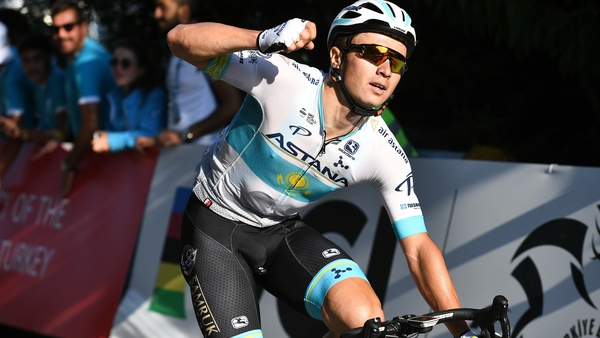 Alexey Lutsenko of Astana Pro Team Kazakhstan celebrates his stage victory