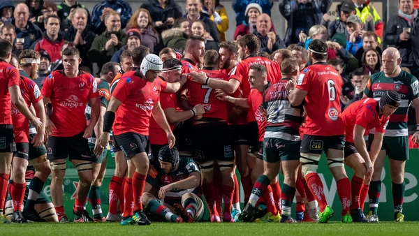 Ulster players celebrate Alan O'Connor's try against Leicester Tigers