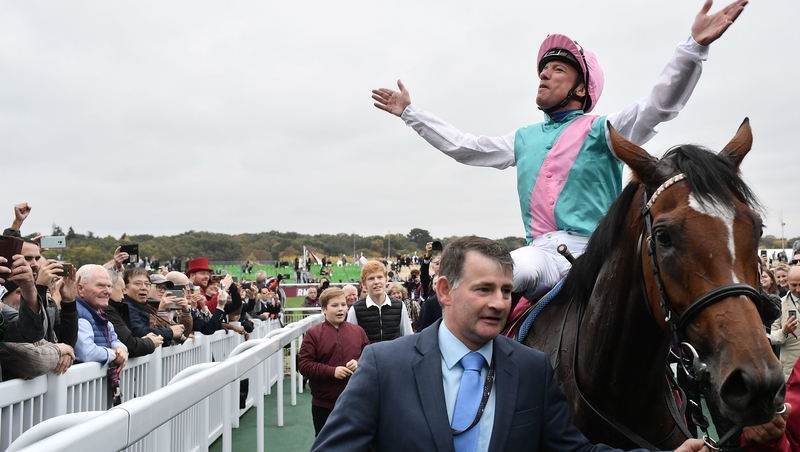 Frankie Dettori and Enable celebrate winning the Qatar Prix de l'Arc de Triomphe