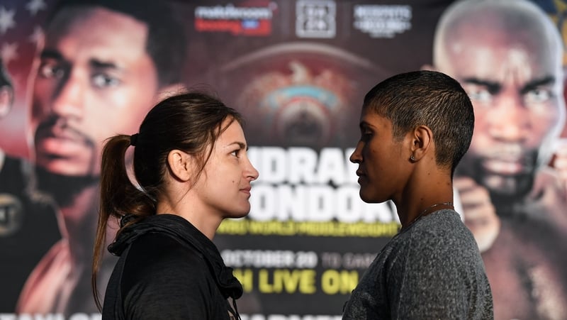Katie Taylor and Cindy Serrano square off following the press conference at Fenway Park