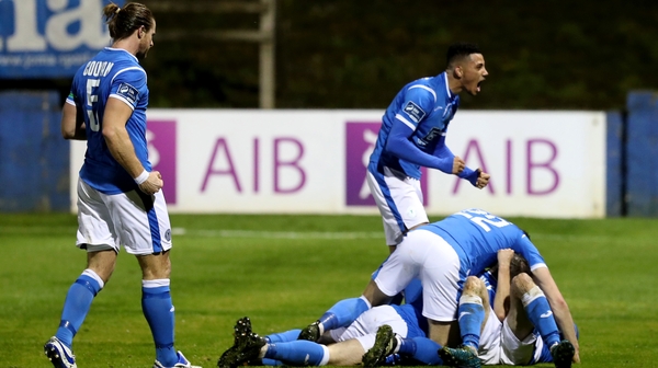 Finn Harps players celebrate John Kavangh's first-half goal