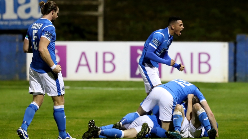 Finn Harps players celebrate John Kavangh's first-half goal