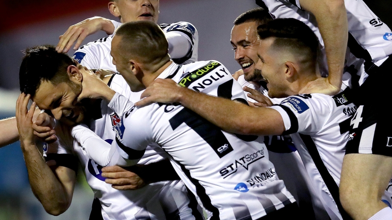 Patrick Hoban celebrates his second goal with Dundalk teammates