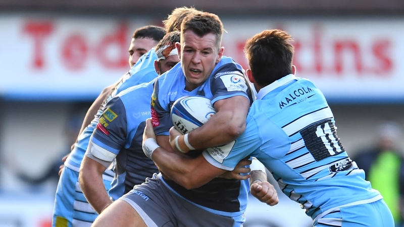 Jason Harries of Cardiff Blues is tackled by DTH Van Der Merwe of Glasgow Warriors during their European clash