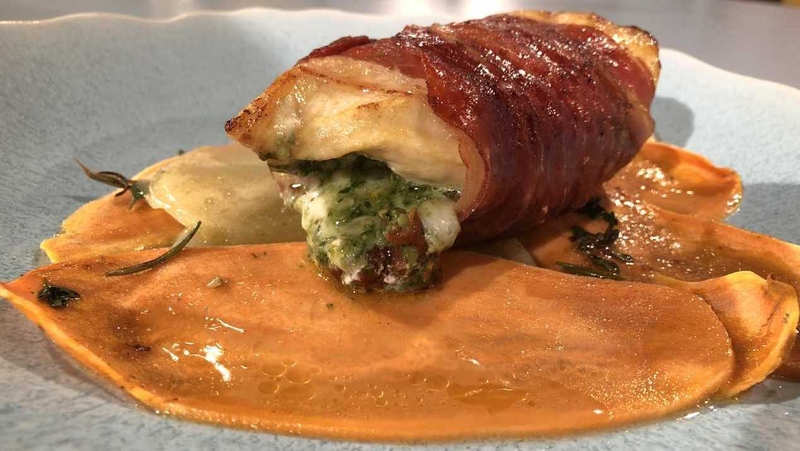 Neven's Pesto-Stuffed Chicken Breasts with Rustic Mixed Potatoes