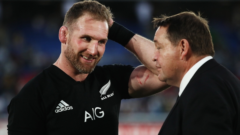 Steve Hansen talks to All Blacks captain Kieran Read after the victory over Australia