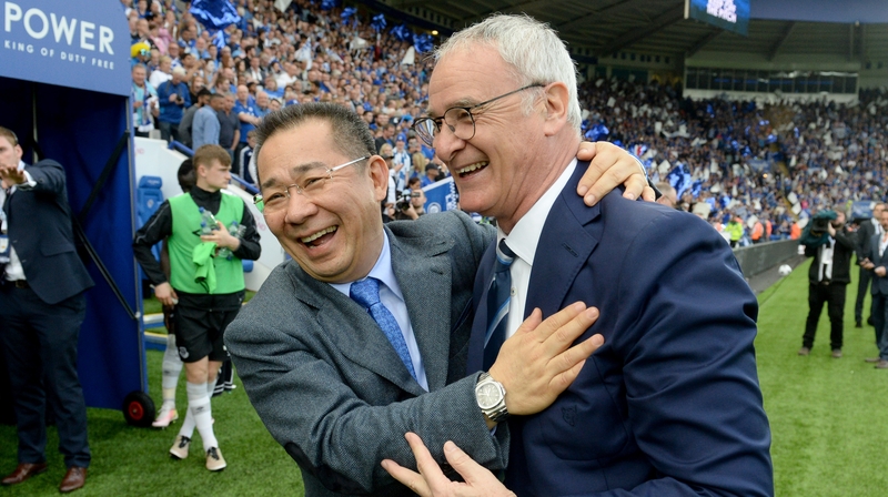 Vichai Srivaddhanaprabha and Claudio Ranieri celebrate winning the 2016 Premier League title