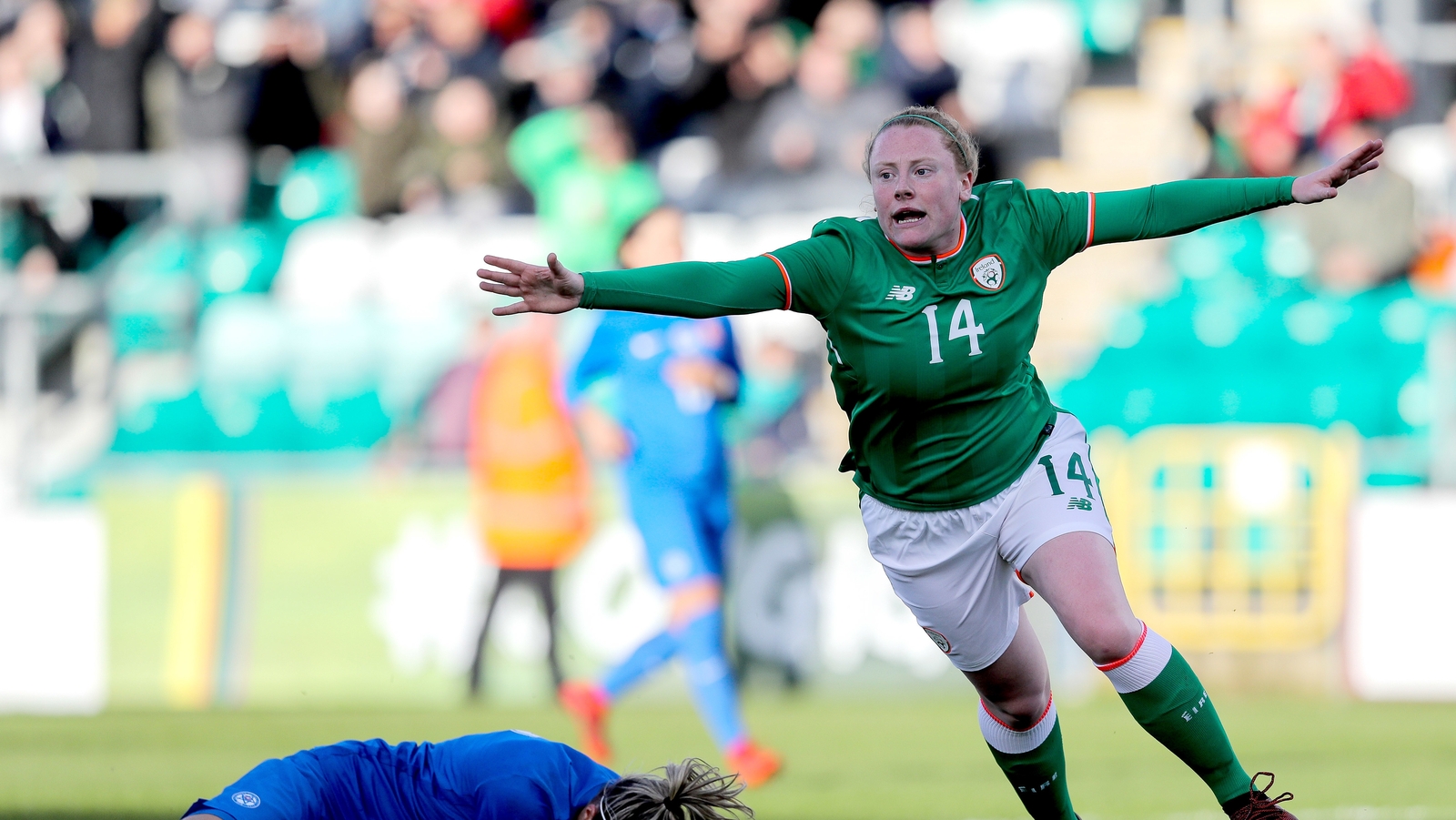Amber Barrett celebrating her goal against Slovakia