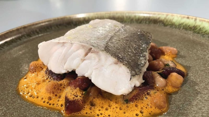 Steamed Hake with Chorizo Cassoulet with Roasted Red Pepper & Smoked Paprika Sauce