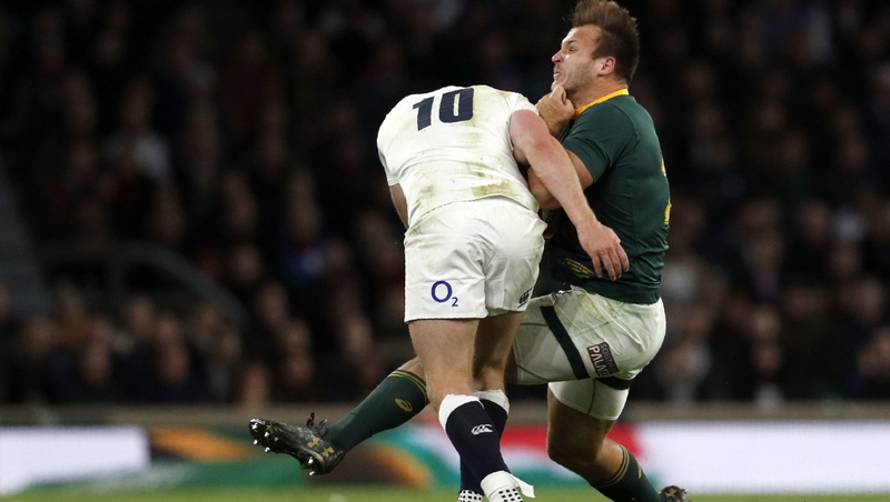 Owen Farrell (L) escaped sanction for this tackle on South Africa's Andre Esterhuizen