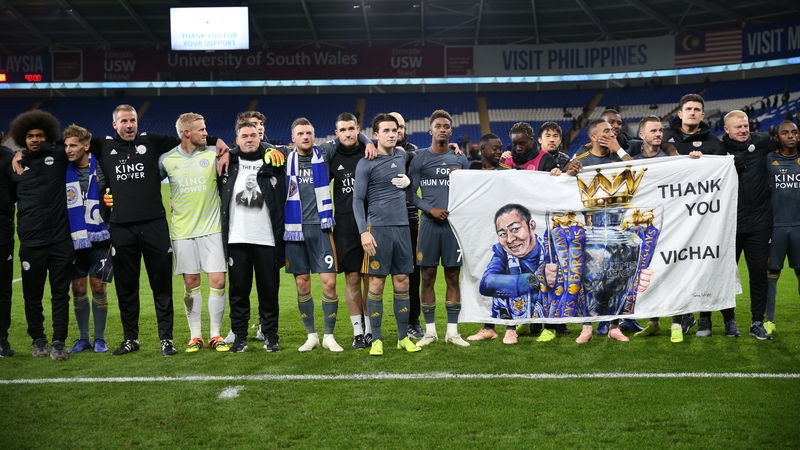 Leicester players celebrate with their travelling supporters after the poignant win in Cardiff