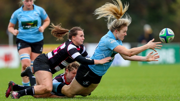 Galwegians Fiona Scally is tackled by Jemma Jackson of Old Belvedere