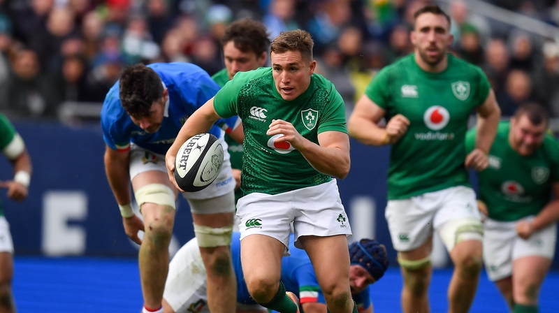 Jordan Larmour scored a hat-trick on his full debut for Ireland