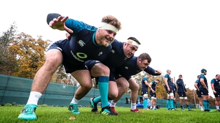 Finlay Bealham, Niall Scannell and Dave Kilcoyne get some front-row practice in