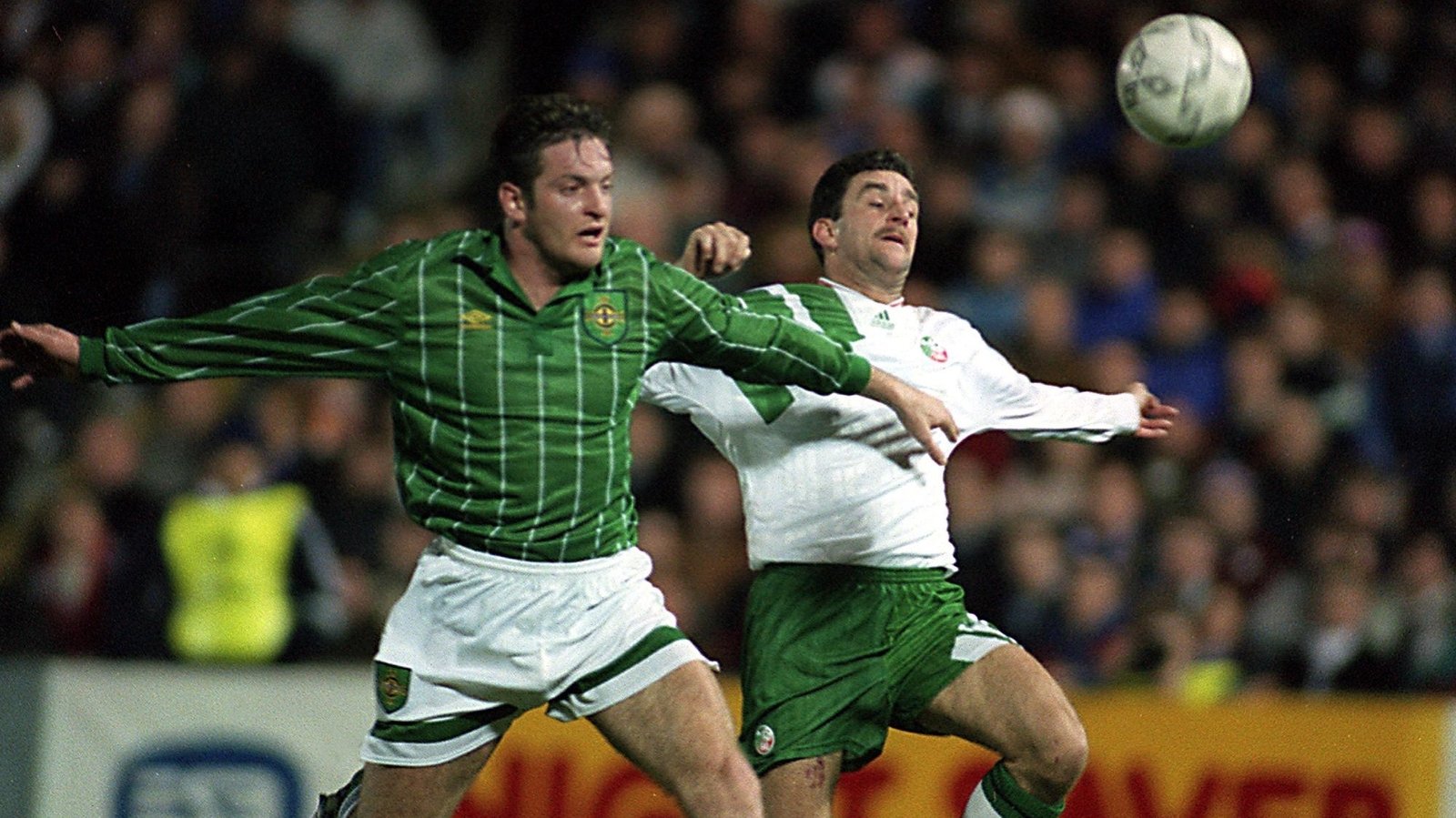 Gerry Taggart and John Aldridge battle for possession