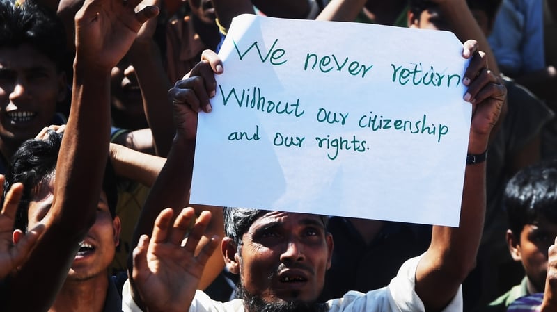 Rohingya refugees protest against the disputed repatriation programme at a refugee camp in Bangladesh