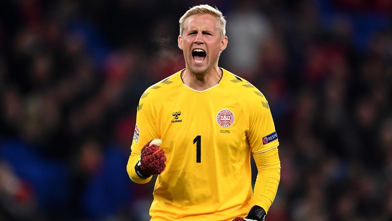 Kasper Schmeichel celebrates Denmark's opener