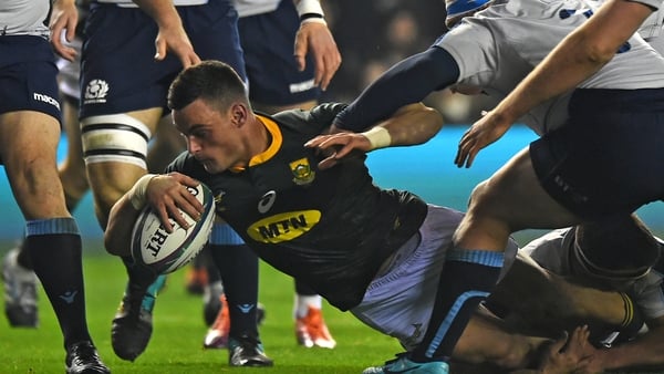 South Africa's centre Jesse Kriel goes over for the opening try