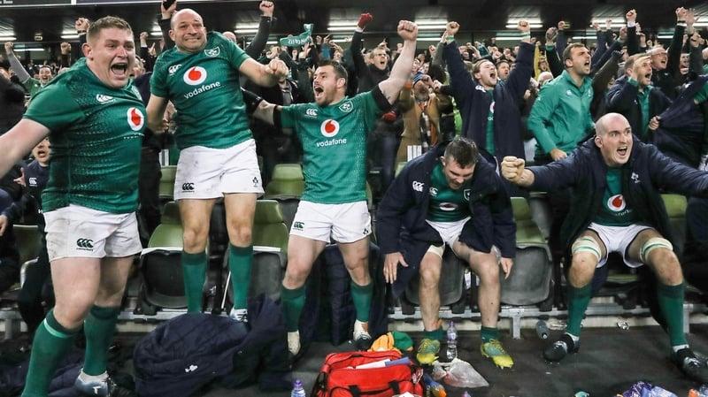 Ireland's Tadhg Furlong, Rory Best, Cian Healy, Peter O'Mahony and Devin Toner celebrate the final whistle