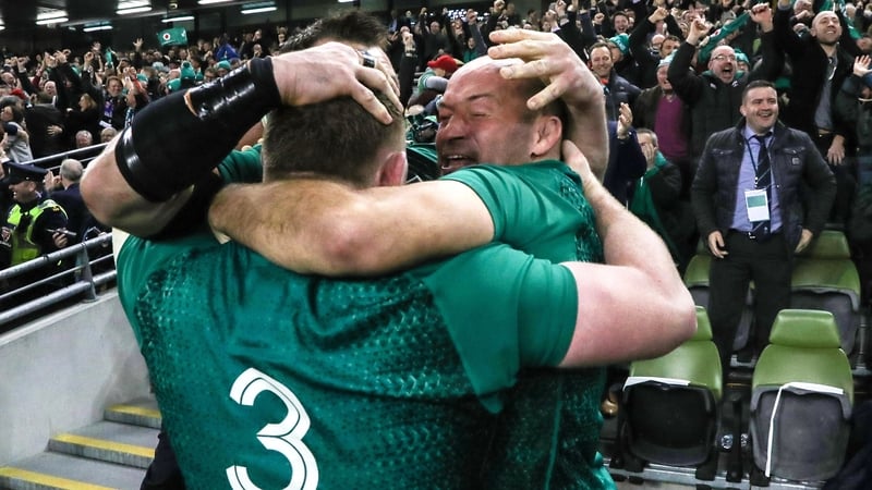 Cian Healy, Tadhg Furlong and Rory Best celebrate the victory over New Zealand
