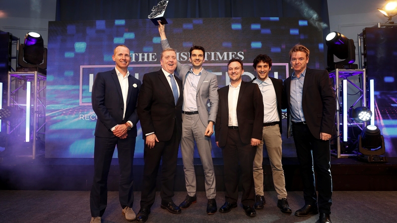 Martin Woods (Dev Operations Engineer), Pat Breen Minister of State, Co-founder and COO of Aid:Tech Niall Dennehy, Danny Curran (Director of Growth), Nicola Paoli (Blockchain Developer) and economist David McWilliams