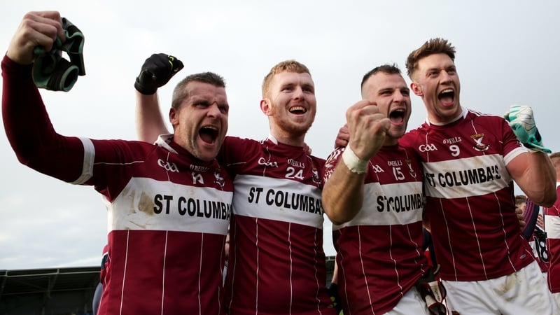 Mullinalaghta players Conor McElligott, Eoghan Keegan, Aidan McElligott and John Keegan celebrate after the final whistle