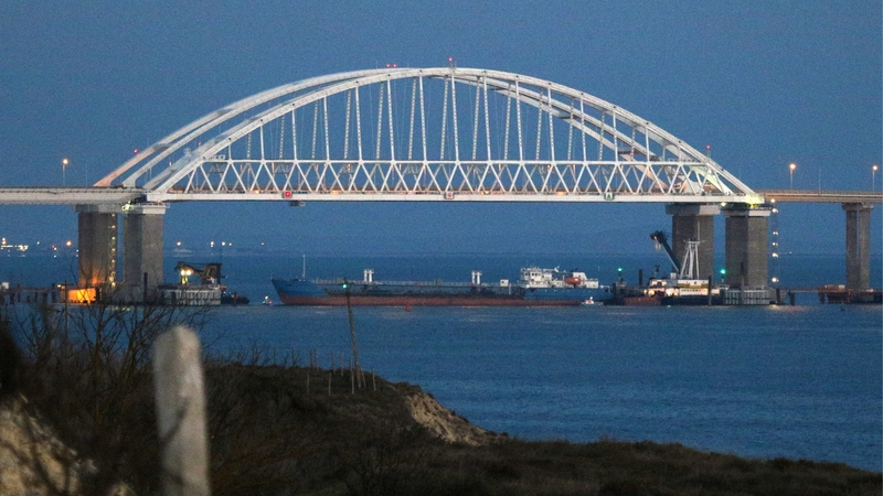 Russia has stopped Ukrainian vessels entering the Sea of Asov by placing a huge cargo ship beneath a Crimean bridge