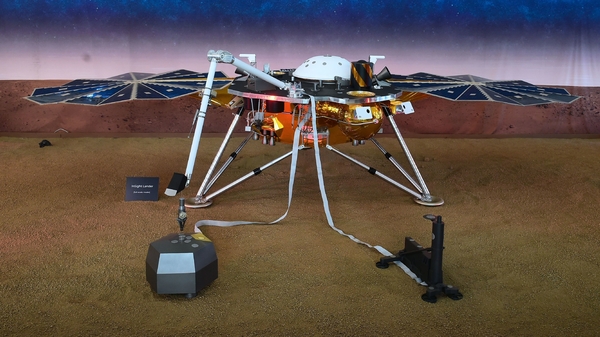 A replica of the InSight Mars Lander on display at the NASA Jet Propulsion Laboratory in California